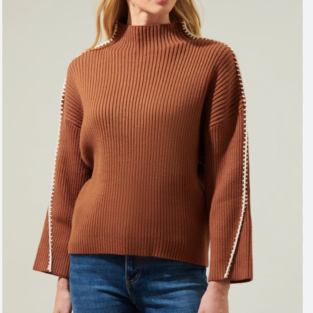 NWT Sugarlips Brown Cole Whipstitch Turtleneck Sweater. Size L